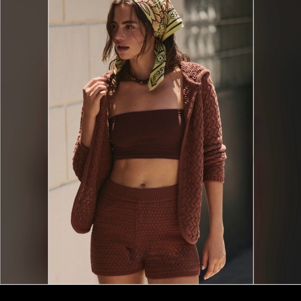 Free People Brown Knit Shorts And Sweater Set